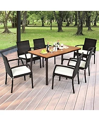 Gymax Rectangle Patio Outdoor Dining Table Acacia Wood Tabletop w/ 2'' Umbrella Hole