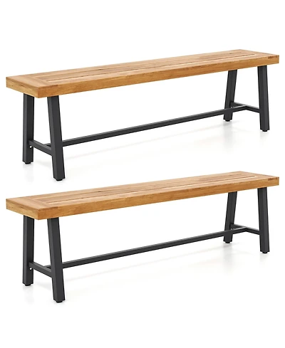 Gymax 2PCS 63'' Long Outdoor Acacia Wood Bench Seats up to 3 Persons for Garden Porch