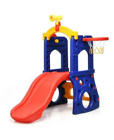 Gymax Toddler 6-in-1 Freestanding Slide w/ Basketball Hoop Play Climber Slide Set