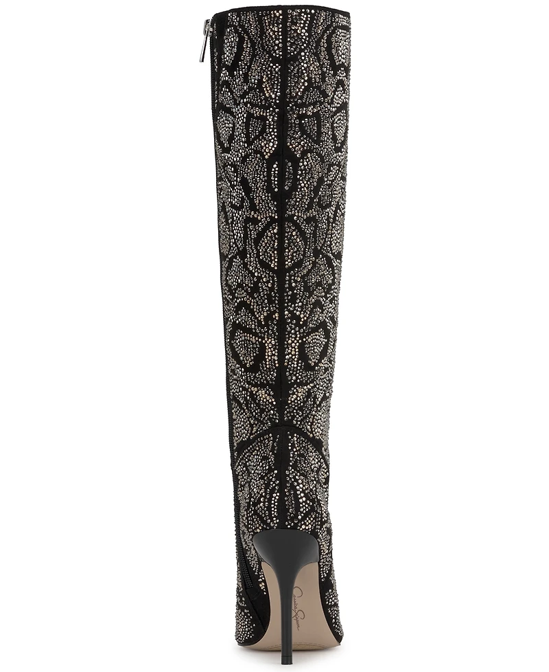 Jessica Simpson Women's Lovienn Rhinestone Stiletto Knee-High Wide-Calf Dress Boots