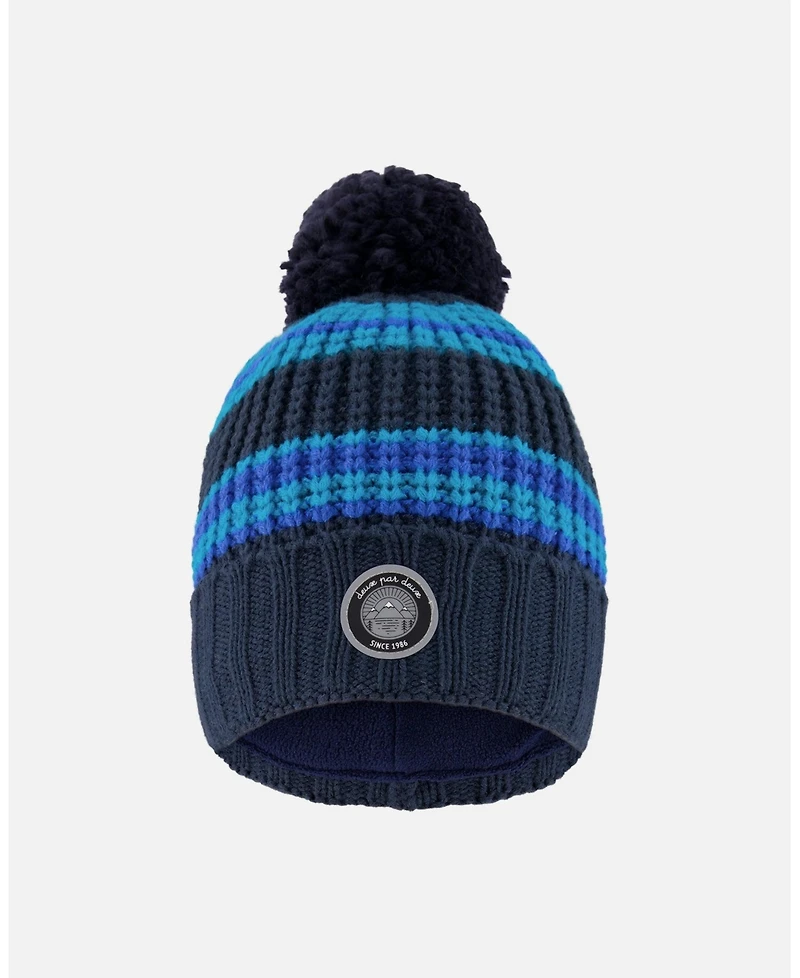 Deux par Boy Lined Knit Winter Hat with Pompom Black and Blue