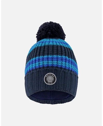 Deux par Boy Lined Knit Winter Hat with Pompom Black and Blue