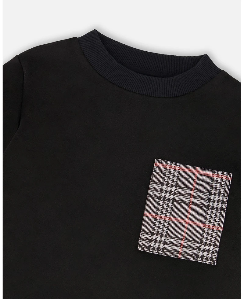 Deux par Big Boys Super Soft Brushed Jersey Long Sleeve Top Black with Plaid Pocket