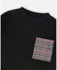 Deux par Big Boys Super Soft Brushed Jersey Long Sleeve Top Black with Plaid Pocket