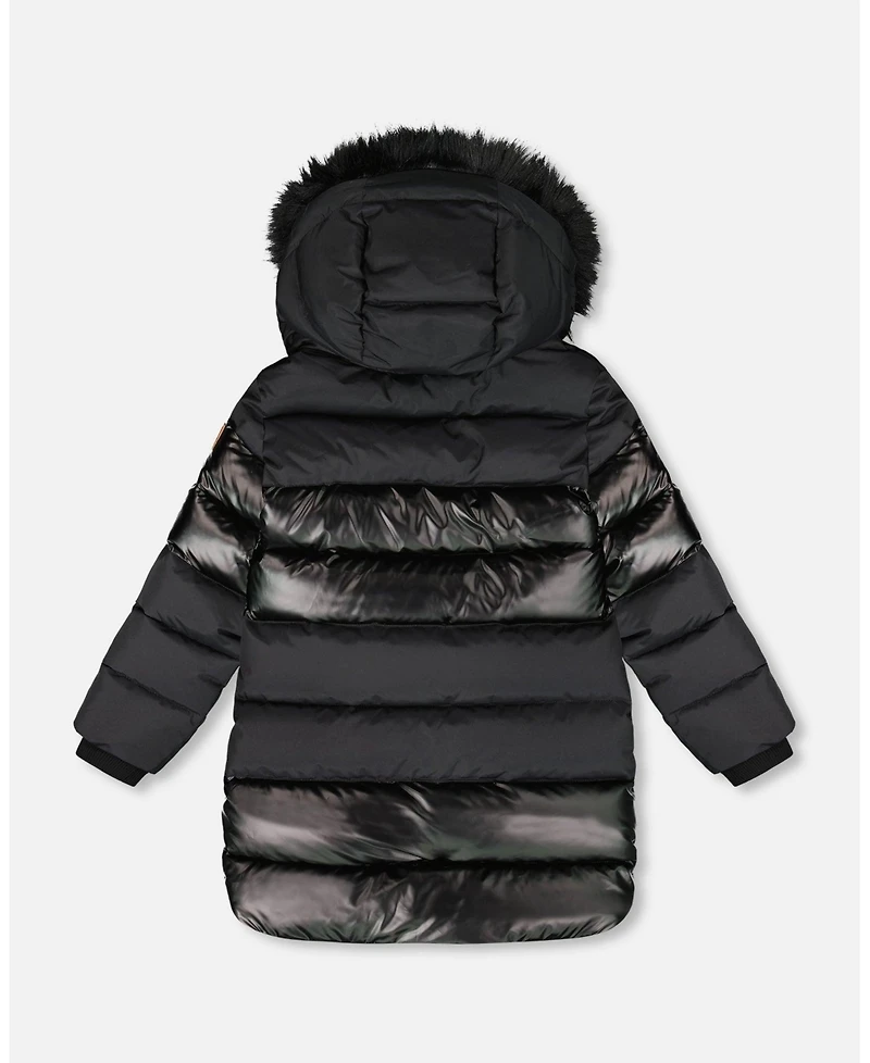 Deux par Girl Long Metallic Puffy Coat Black - Child