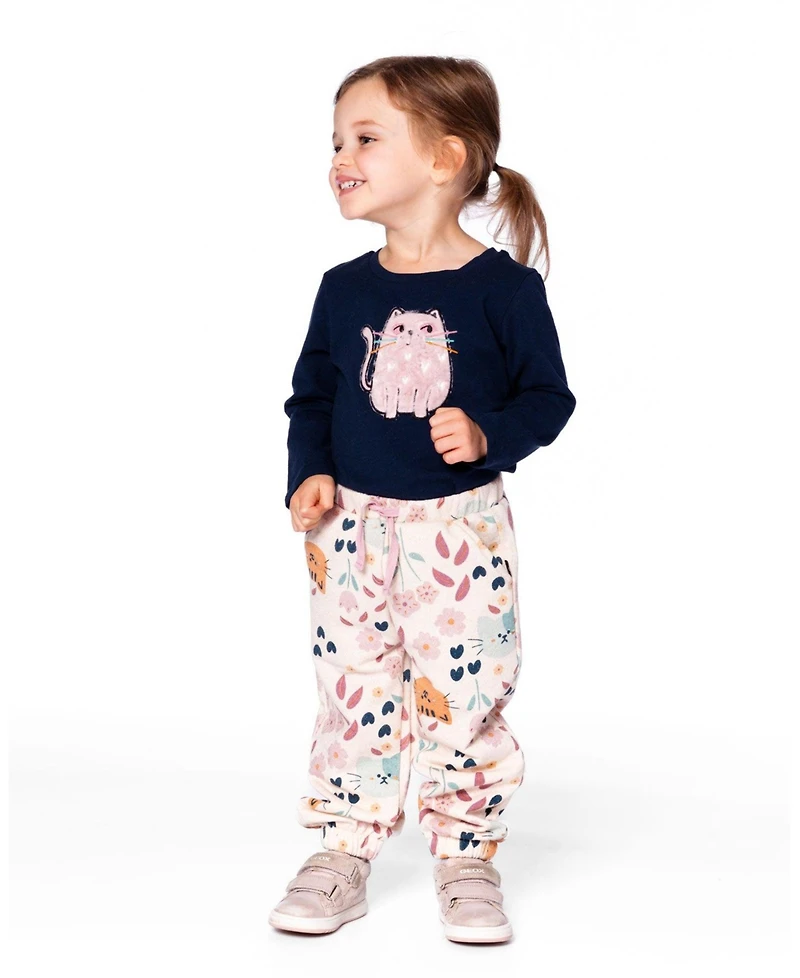 Deux par Baby Girl Glittering French Terry Sweatpant Beige Cat Print