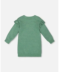 Deux par Toddler Girls Knitted Dress Sage Green with Ruffles and Floral Embroidery - Toddler|Child
