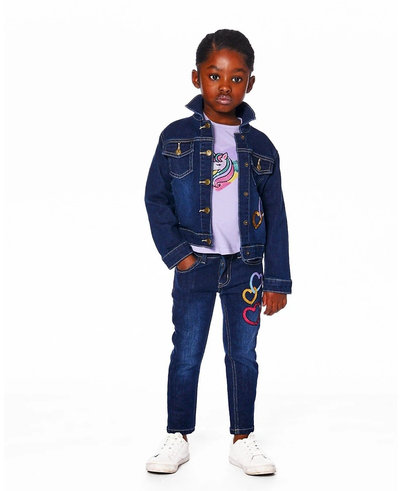 Deux par Toddler Girls Stretch Jeans Blue Denim with Glittery Hearts - Toddler|Child