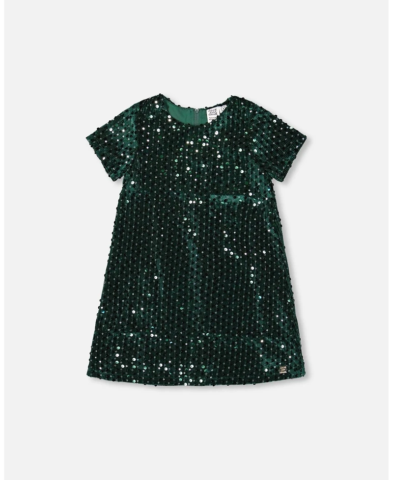 Deux par Girl Velvet Short Sleeve Dress for est Green - Child
