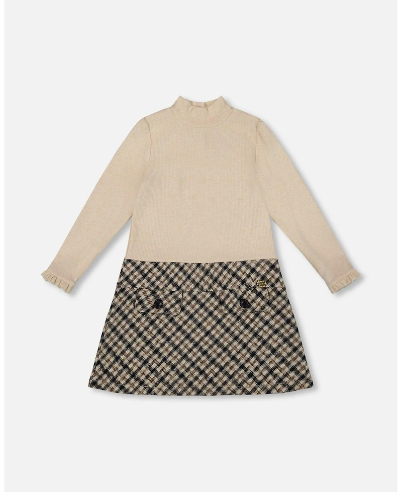 Deux par Girl Long Sleeve Bi-Material Mock Neck Dress Beige and Plaid