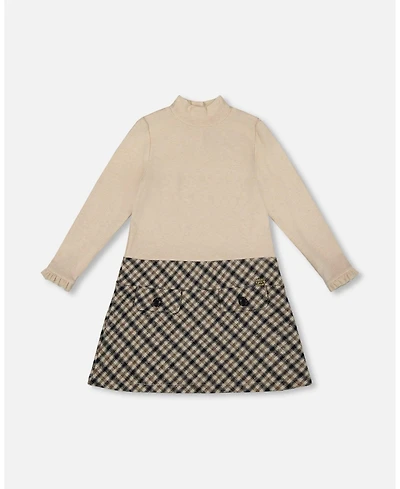 Deux par Girl Long Sleeve Bi-Material Mock Neck Dress Beige and Plaid