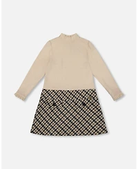 Deux par Girl Long Sleeve Bi-Material Mock Neck Dress Beige and Plaid