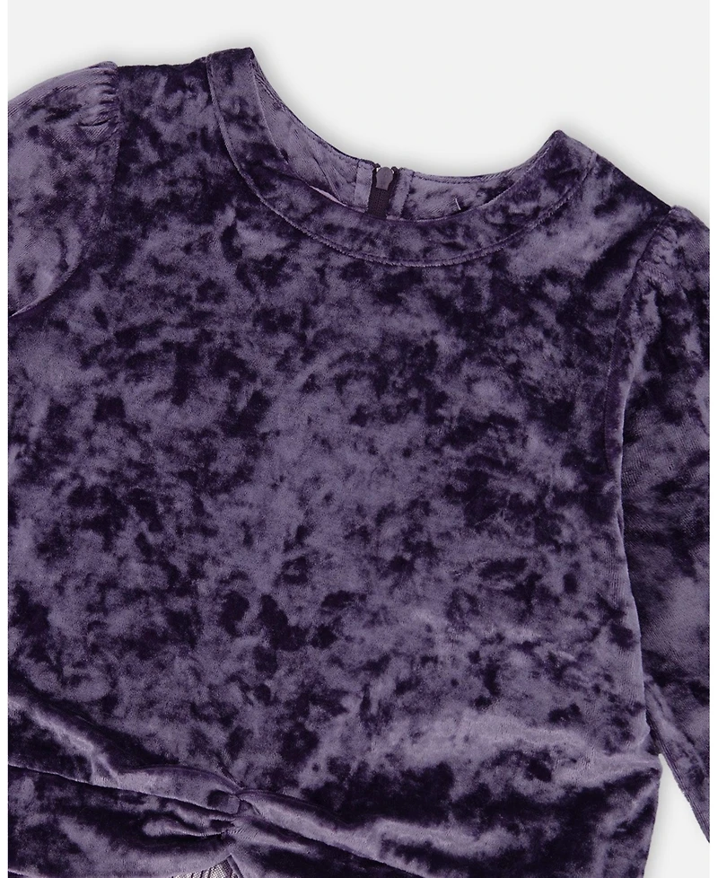Deux par Girl Long Sleeve Bi-Material Velour and Jersey Dress Purple Gray - Child