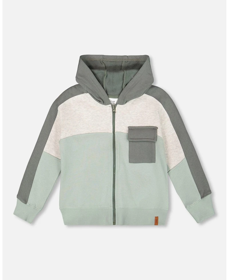 Deux par Boy Full Zip Fleece Color Block Sweatshirt Green Gray - Toddler|Child