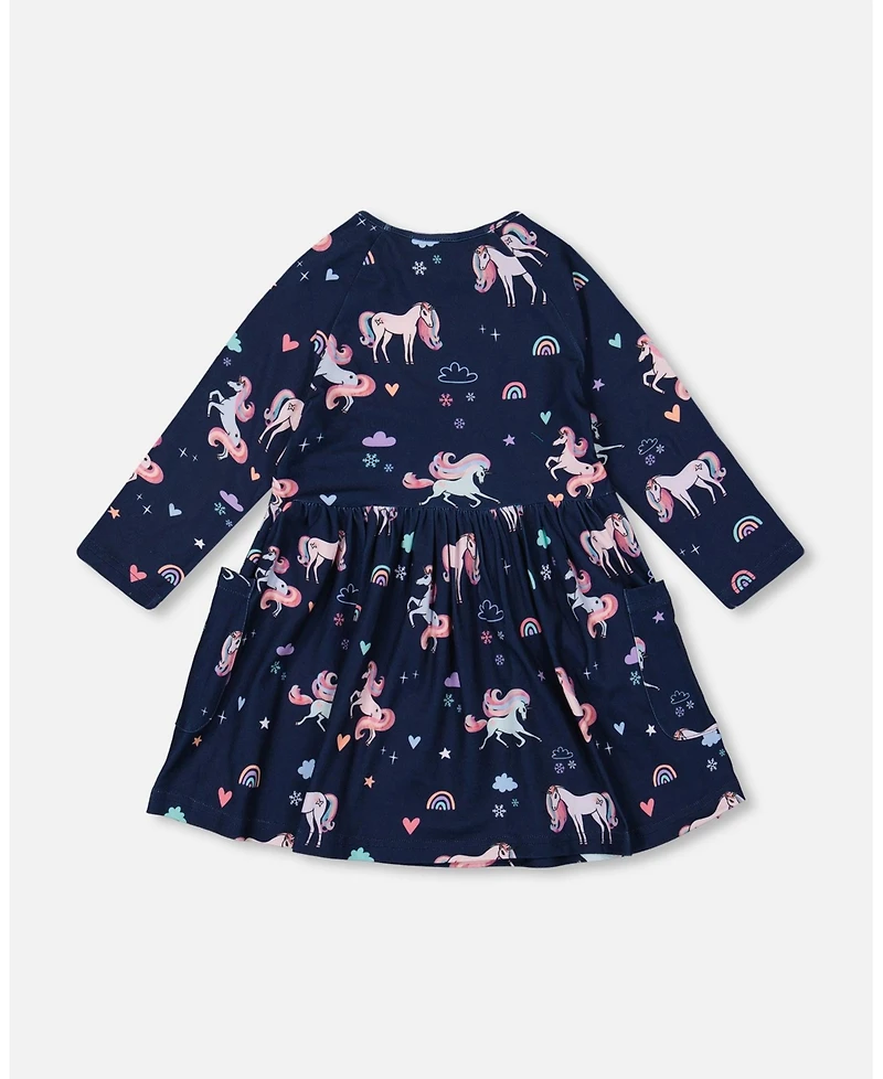 Deux par Girl Jersey Dress with Pockets Navy Unicorn Print