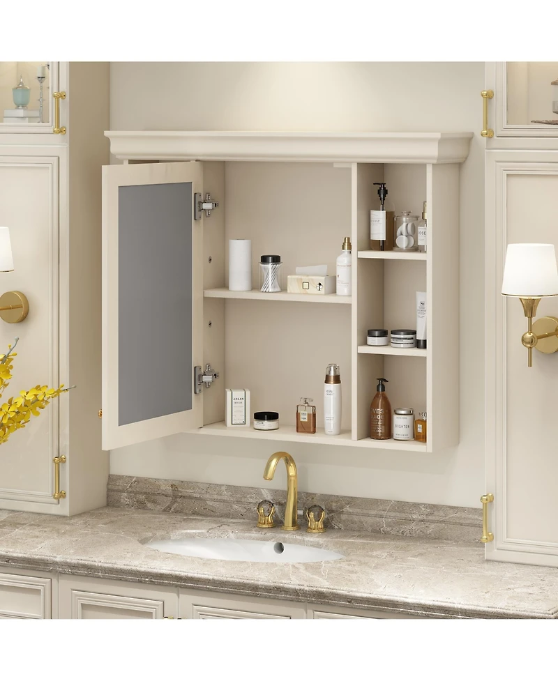 Casainc 35" x 28" Wall Mounted Medicine Cabinet with Mirror Door and 6 Open Shelves, Modern Storage Unit