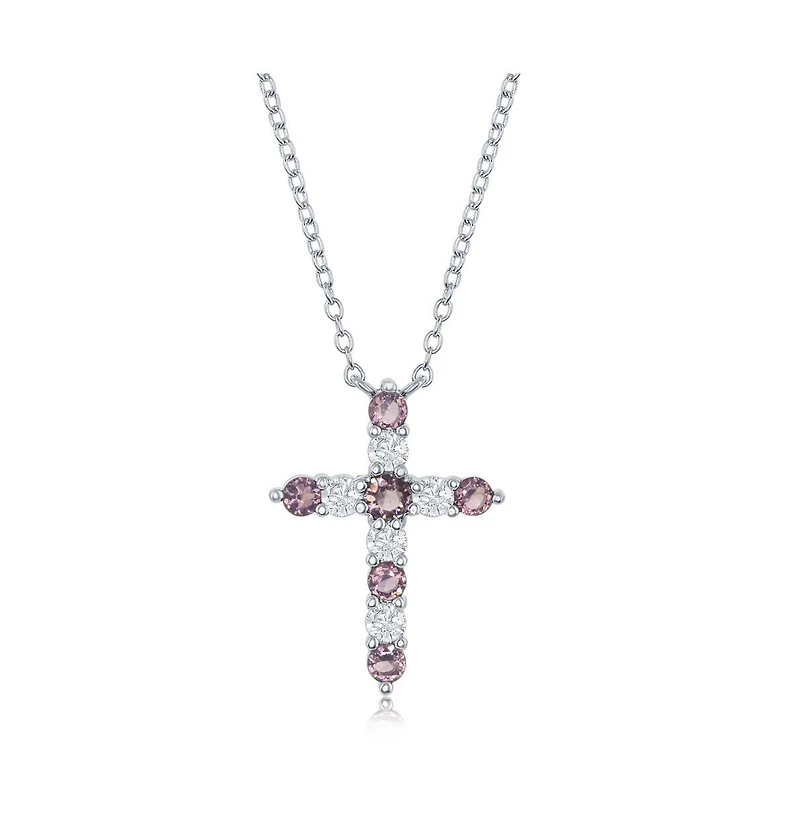 Sterling Silver, Birthstone Cross Cz Necklace