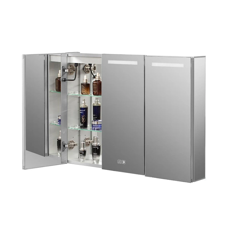 Basicwise 3-Door Versatile Bathroom Medicine Cabinet with Anti-Fog Led Mirror, Waterproof Aluminum, Surface or Recessed Mount, 2 Adjustable Glass Shel