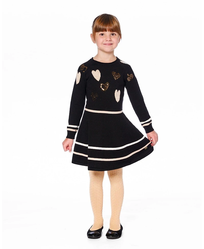Deux par Big Girls Knit Dress Black with Glittery Heart Motifs