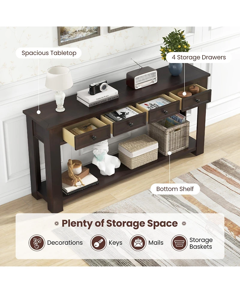 Volenca 63 Inches Farmhouse Entryway Table with 4 Storage Drawers and Open Shelf