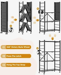 Sugift 4-Tier Foldable Storage Shelves, Metal Storage Rack with Wheels and Hooks