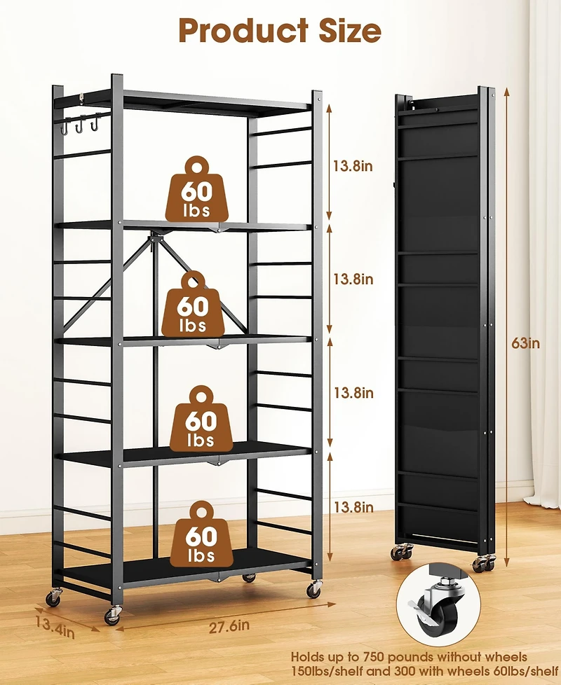 Sugift 5-Tier Foldable Storage Shelves, Metal Storage Rack with Wheels and Hooks