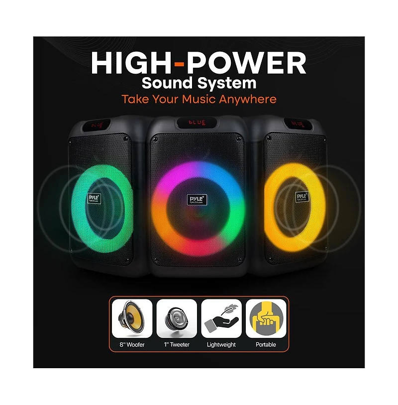 Pyle Portable Bt Party Speaker with Built-in Rechargeable Battery, Tws Function, Mic Input, Mic Echo Control, Bass and Treble Control