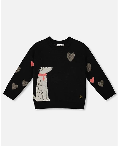 Deux par Toddler Girls Knit Sweater Black with Dalmatian and Hearts - Toddler|Child