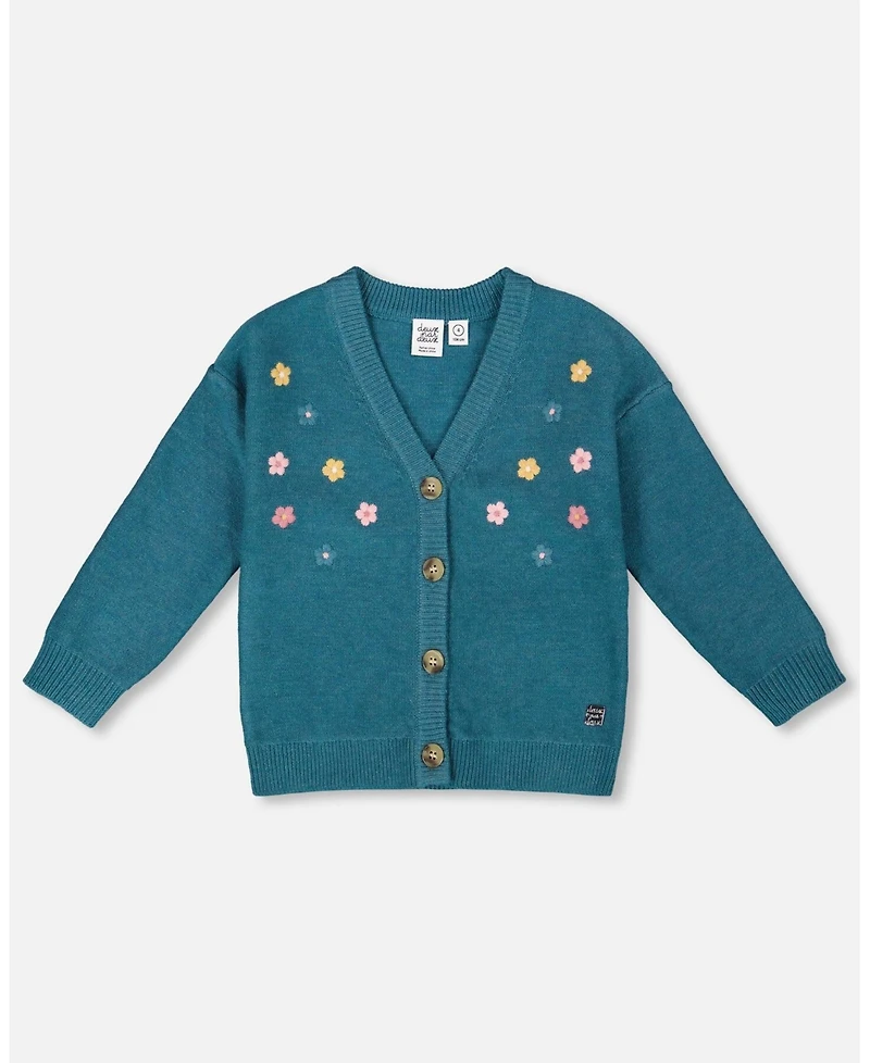 Deux par Girl Knitted Cardigan Dark Green with Flower Embroidery