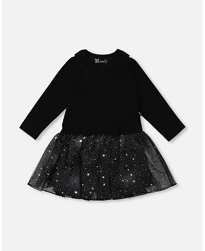Deux par Baby Girls Bi-Material Dress with Glittering Skirt Black