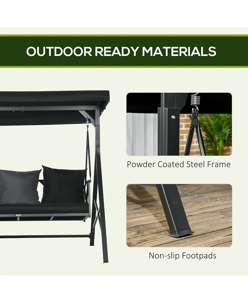 Flynama 3-Seat Patio Swing Chair, Porch Swing Glider with Cushion, 3 Throw Pillows & Adjustable Canopy for Porch, Garden, Poolside, Backyard, Black