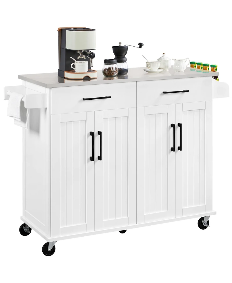 Kitchen Island on Wheels, Large Kitchen Island with Storage Drawers & Cabinets & Towel Bar & Spice Rack Black