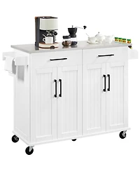 Kitchen Island on Wheels, Large Kitchen Island with Storage Drawers & Cabinets & Towel Bar & Spice Rack Black