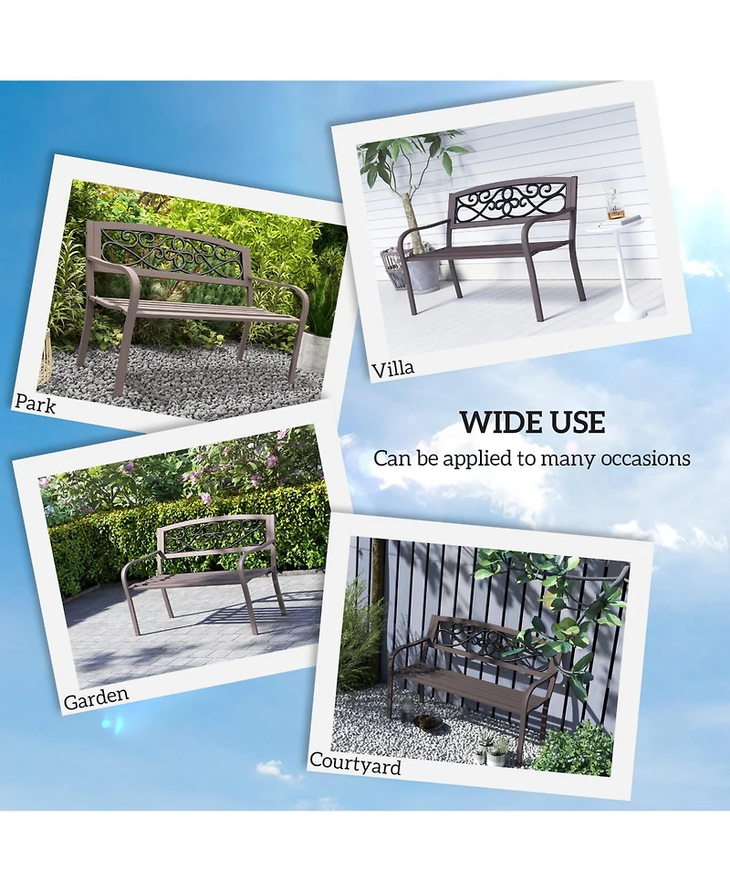 Outsunny Outdoor Bench, Steel Garden Bench with Floral Backrest,