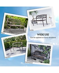 Outsunny Outdoor Bench, Steel Garden Bench with Floral Backrest,