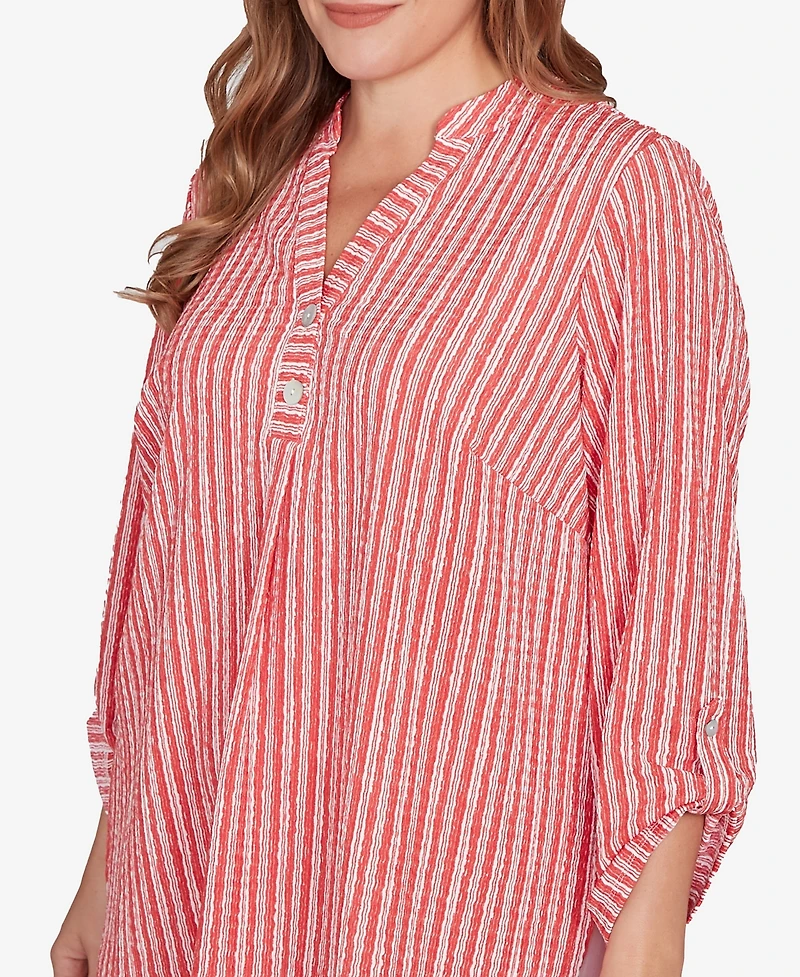 Ruby Rd. Plus Size Crinkle Knit Striped Henley Top