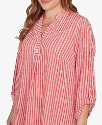 Ruby Rd. Plus Size Crinkle Knit Striped Henley Top
