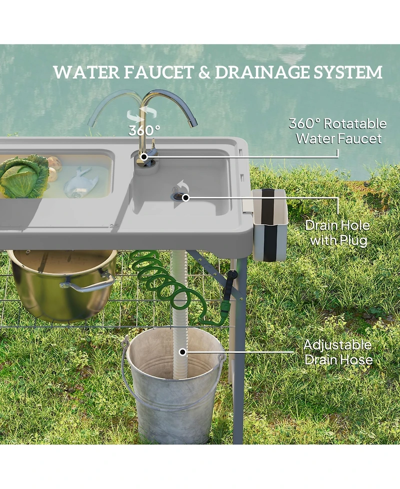 Outsunny Folding Fish Cleaning Table Camping Sink Table with Faucet,