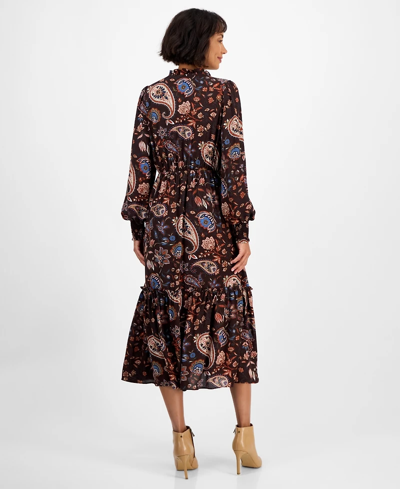 T Tahari Women's Printed Split-Neck Long-Sleeve Midi Dress