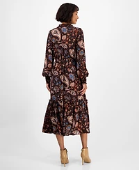 T Tahari Women's Printed Split-Neck Long-Sleeve Midi Dress
