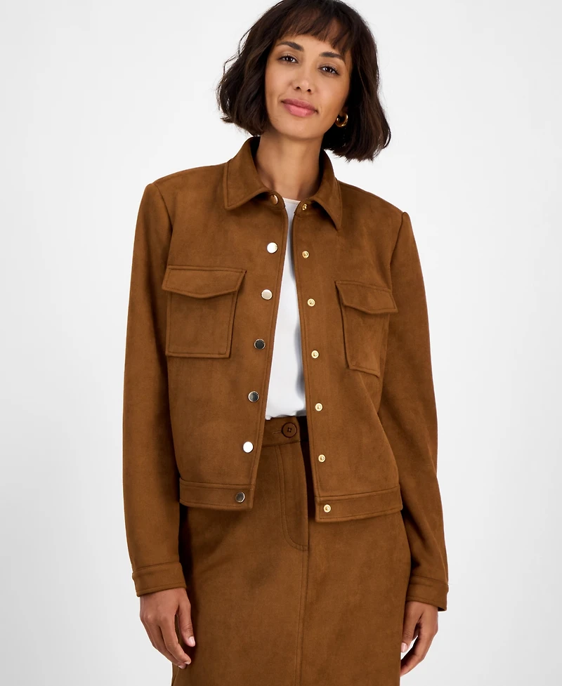 T Tahari Women's Faux-Suede Snap-Front Long-Sleeve Jacket