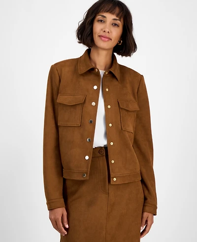 T Tahari Women's Faux-Suede Snap-Front Long-Sleeve Jacket