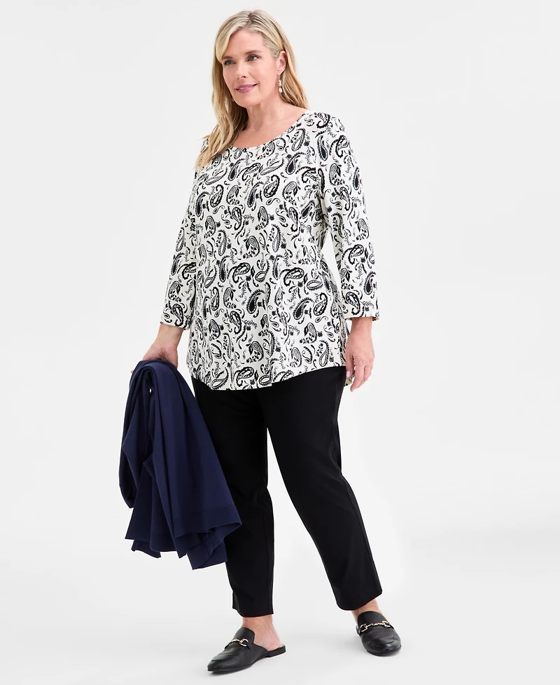 Jm Collection Plus Printed Scoop-Neck 3/4-Sleeve Top
