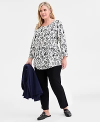Jm Collection Plus Printed Scoop-Neck 3/4-Sleeve Top