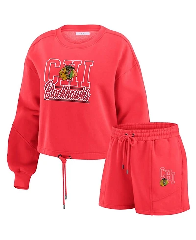 Wear by Erin Andrews Women's 2-Piece Red Chicago Blackhawks Washed Fleece Sweatshirt and Shorts Lounge Set