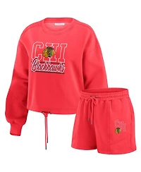 Wear by Erin Andrews Women's 2-Piece Red Chicago Blackhawks Washed Fleece Sweatshirt and Shorts Lounge Set