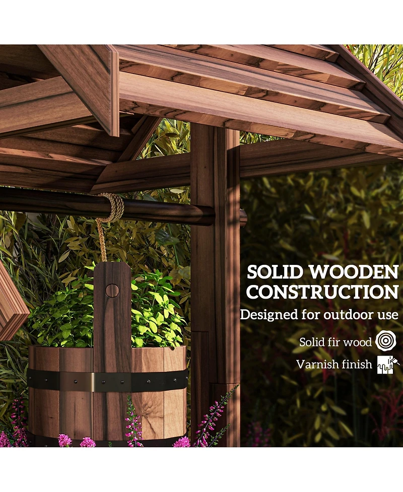 Outsunny Wishing Well Planter with Bucket, Wooden Wishing Well
