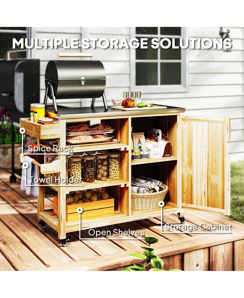 Outsunny Grill Cart, Stainless Steel Top Kitchen Island, Natural Wood