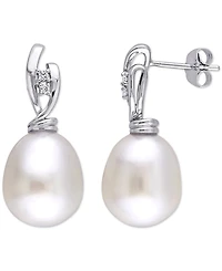 Cultured South Sea Pearl (11mm) & Diamond (1/20 ct. t.w.) Oval Drop Earrings in 14k White Gold