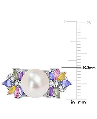 Cultured Freshwater Pearl (9mm), Multi-Sapphire (1-5/8 ct. t.w.) & Diamond (1/8 Ring 14k White Gold